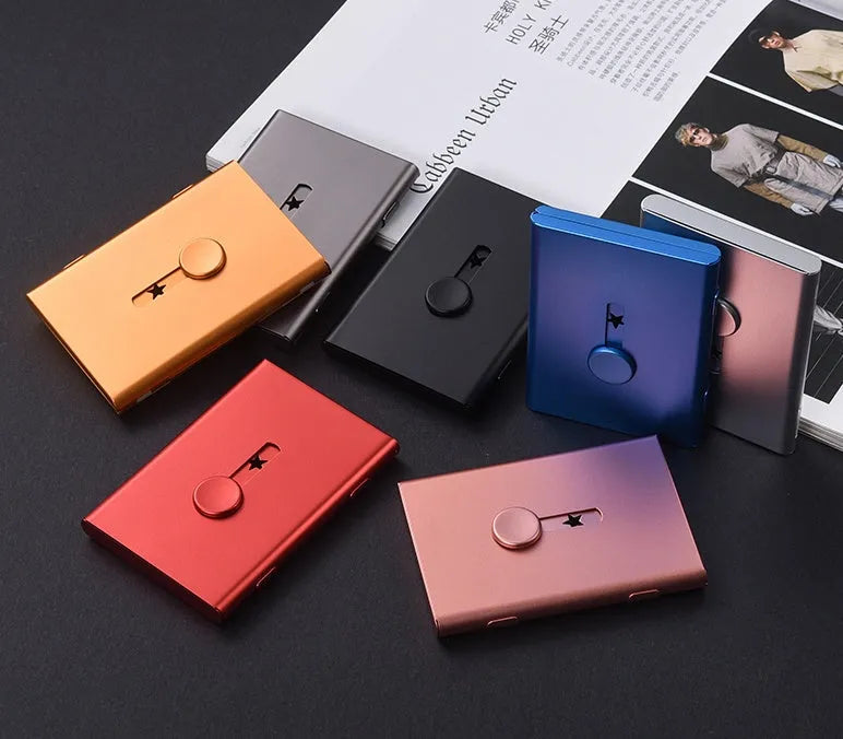 Hand push light business card case in aluminium alloy with RFID blocking, 93x65x12mm, six-layer card holder in seven colours