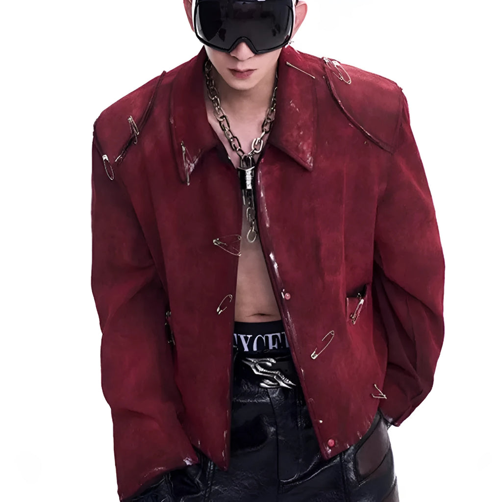 Men's red thick quilted jacket with decorative pin flocking and lapel collar in loose fit style