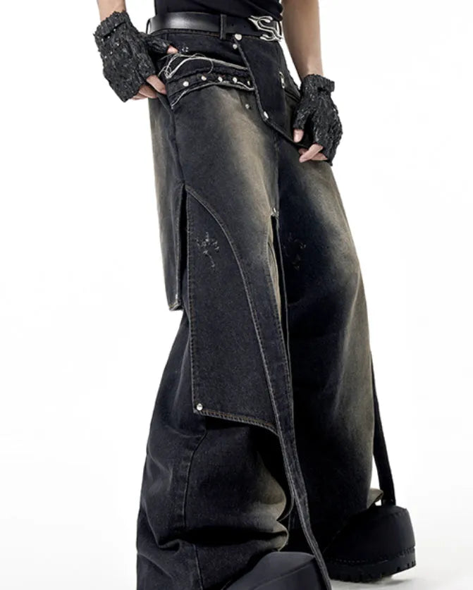 Original Niche deconstruction worn cotton jeans with zipper front in a youthful style