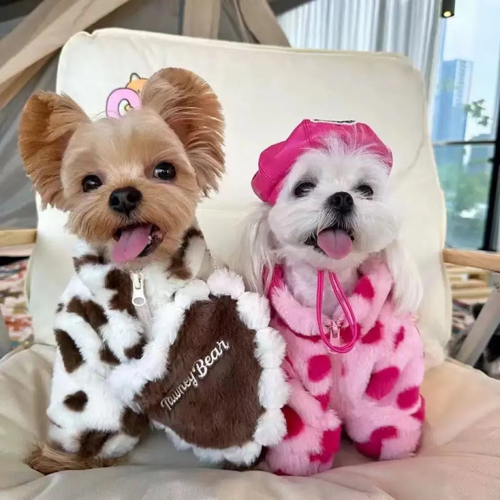 Pink polyester plush warm coat for small dog on white background showing British styling