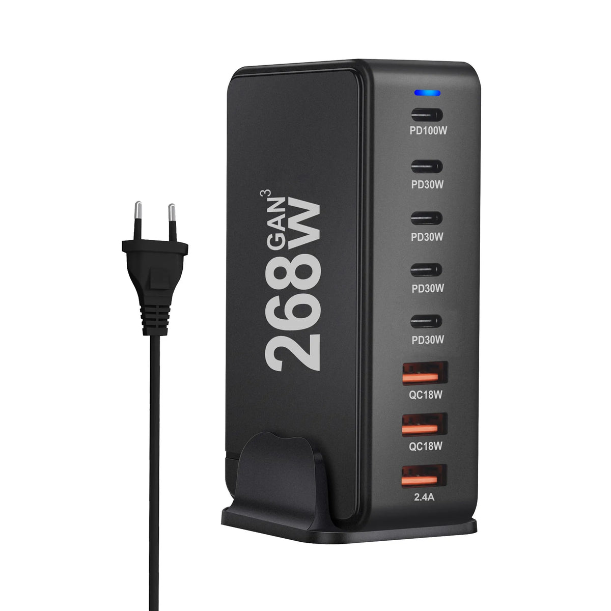 268W gallium nitride 8-port desktop charger with 5 USB-C and 3 USB-A ports in white colour