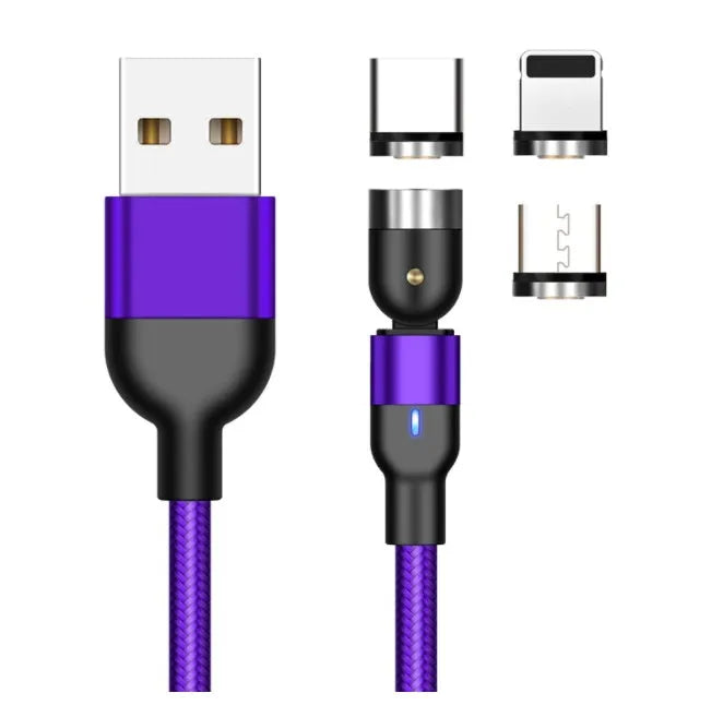 Essager black magnetic charging cable with blue LED light, showing 360-degree rotating connector.