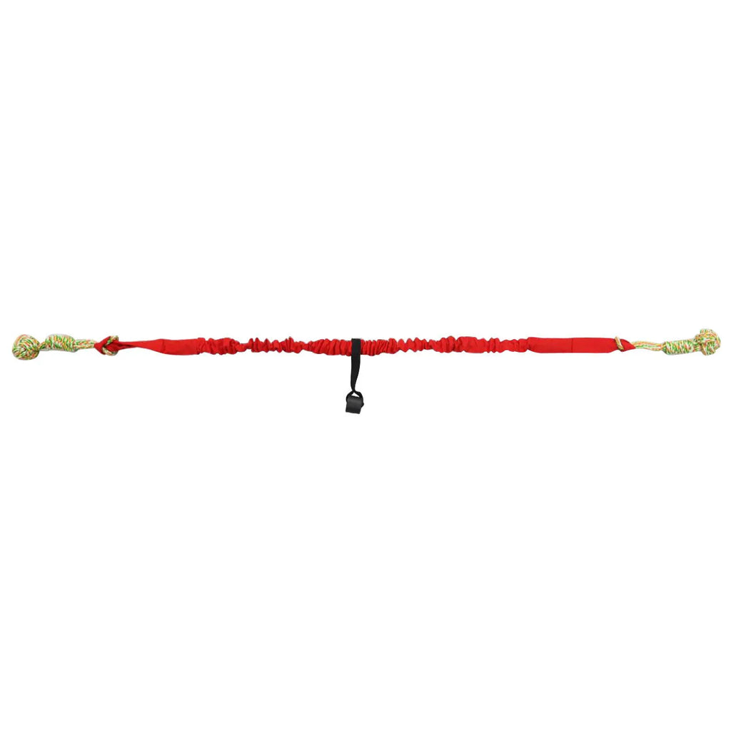 Braided cotton dog tug-of-war rope toy in red, shown with a dog gripping one end.