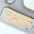 Car sun visor organizer made of PU leather with full leather wrap, showing zippered compartments and sunglasses clip