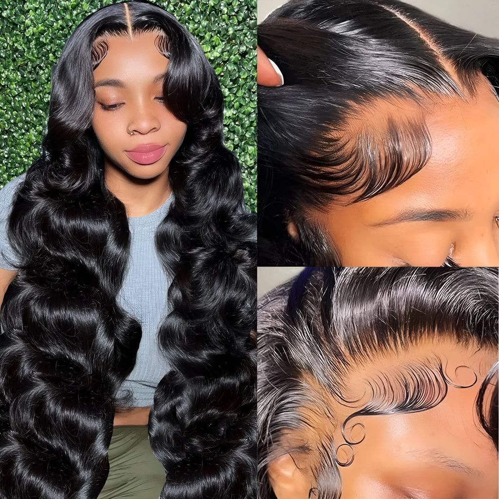 Black synthetic long wave wig with lace front on a mannequin head, showing pre-plucked hairline