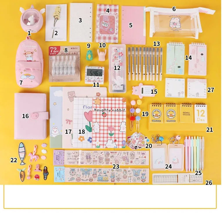 Stationery gift set showing notebooks, pens, correction tape, file bag, and accessories in 29-piece and 31-piece options.