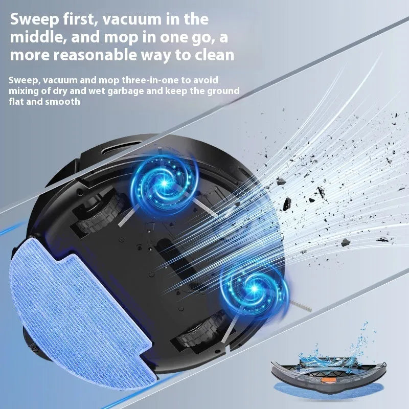 Smart vacuum cleaner robot in black or white colours with brushless motor for automated floor cleaning