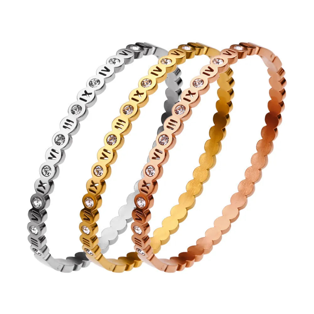 Korean style titanium steel bracelet with numeric elements in gold, rose gold and steel colour options