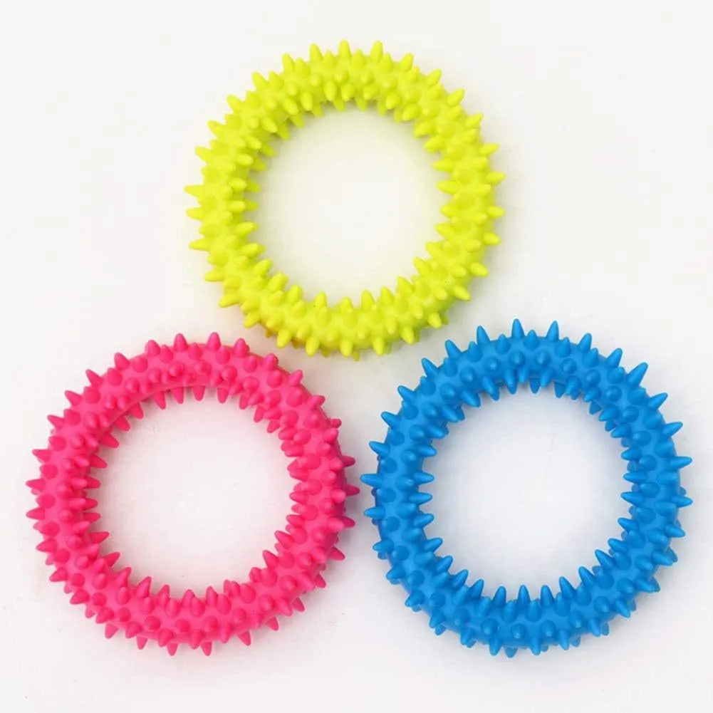 Blue TPR spiky circle ring dog chew toy for dental cleaning and bite-training.