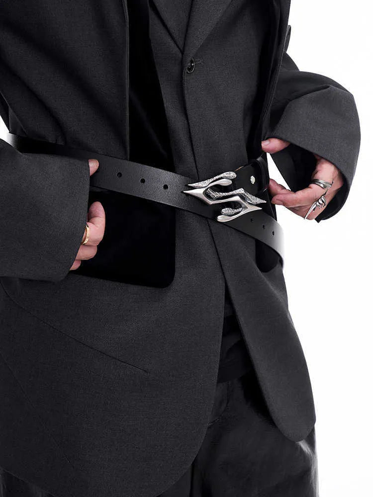 Men's black two-layer cowhide leather belt with a metal letter buckle, length 110cm.