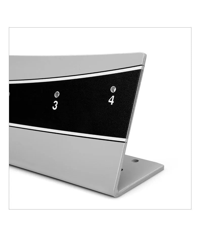 Golf putter trajectory balance simulator with adjustable push rod on a putting mat