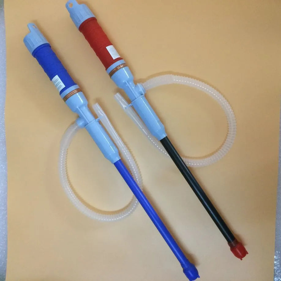 Manual siphon hand pump for fuel and oil transfer with blue plastic construction