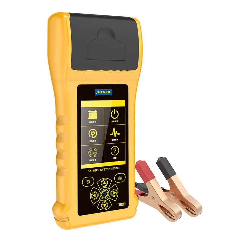 Autool BT760 vehicle battery tester with colour screen and attached battery clips on a workbench