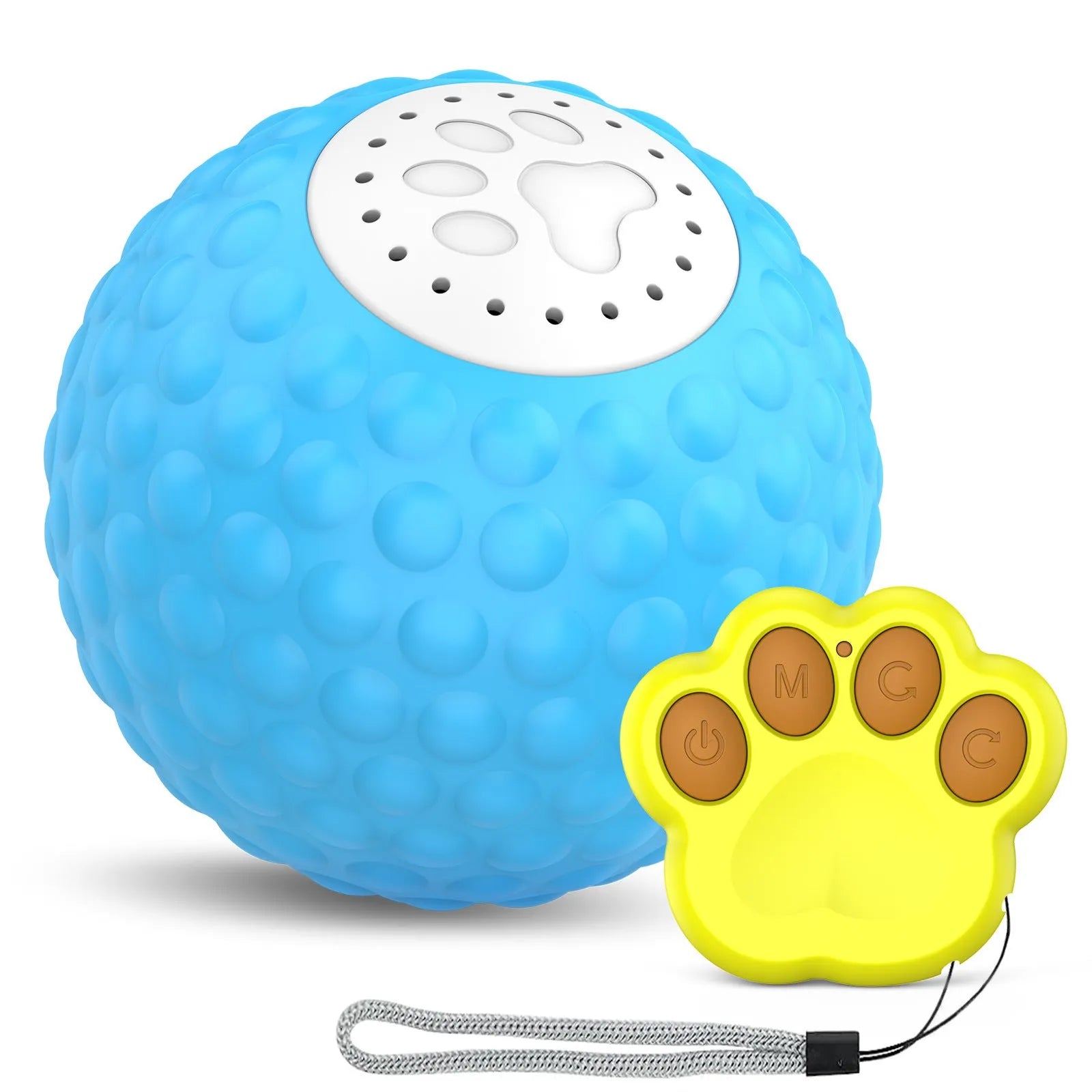 Blue remote control cat toy ball with flashing LEDs next to its handheld remote controller.