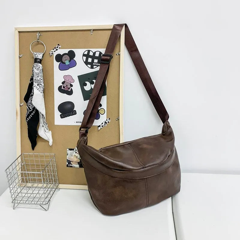 Brown men's retro-style crossbody bag made of PU leather with large capacity.