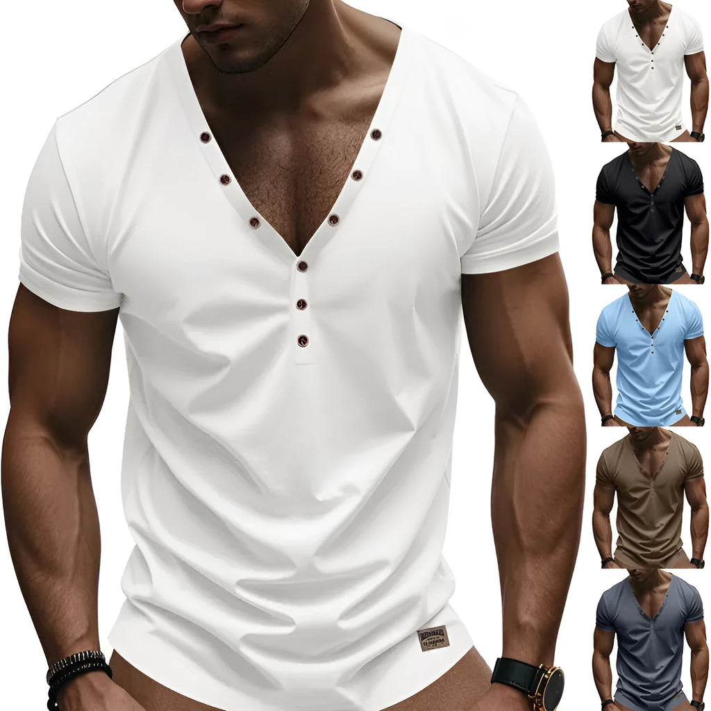 Men's loose fit V-neck T-shirt with button detail in chemical fibre blend fabric