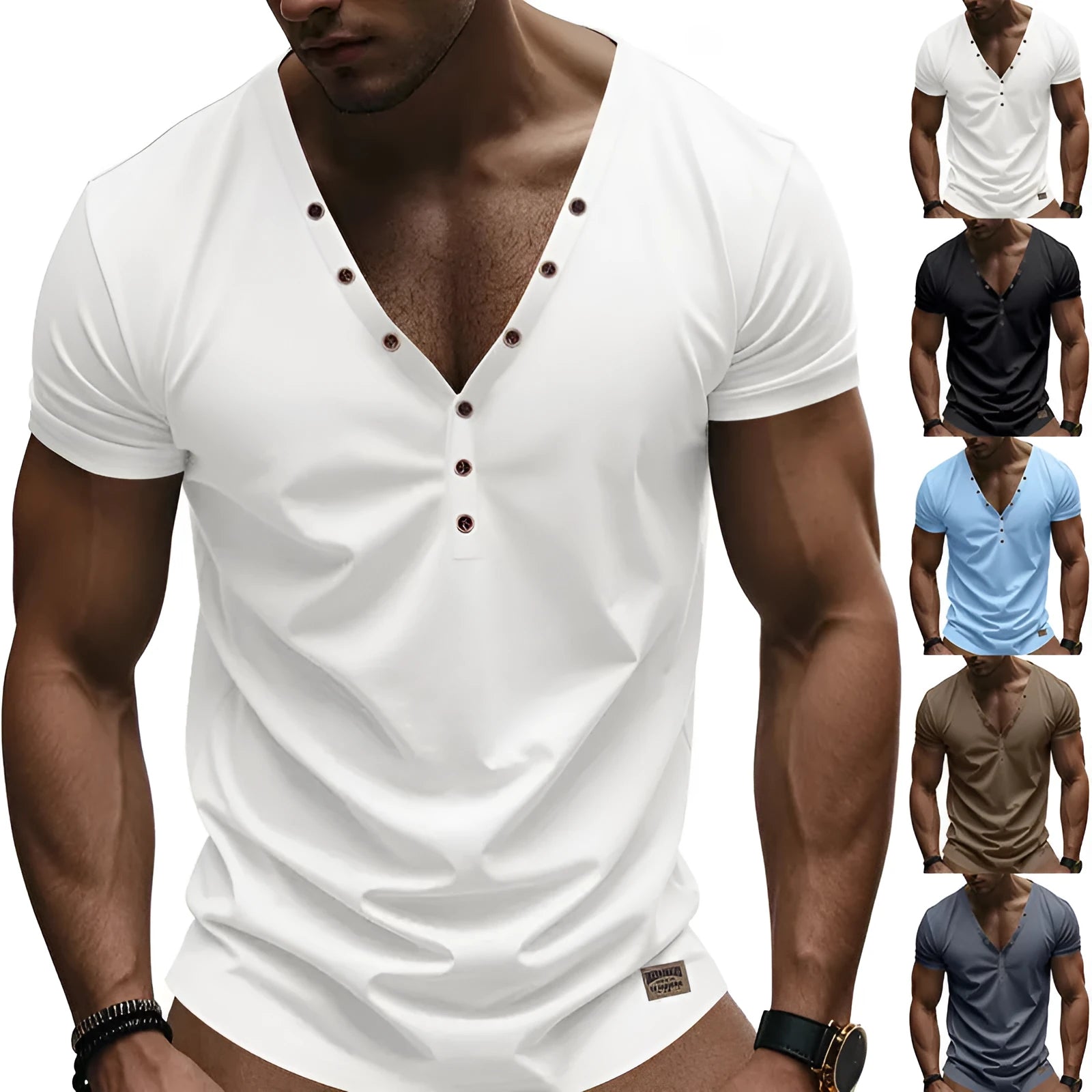 Men's loose fit V-neck T-shirt with button detail in chemical fibre blend fabric