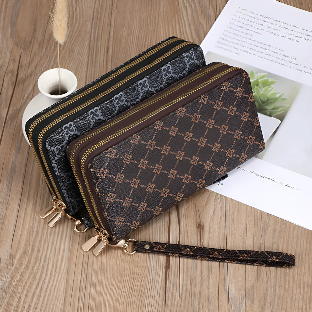 Retro-style long PU leather wallet clutch with printed design showing mobile phone compartment and zipper closure