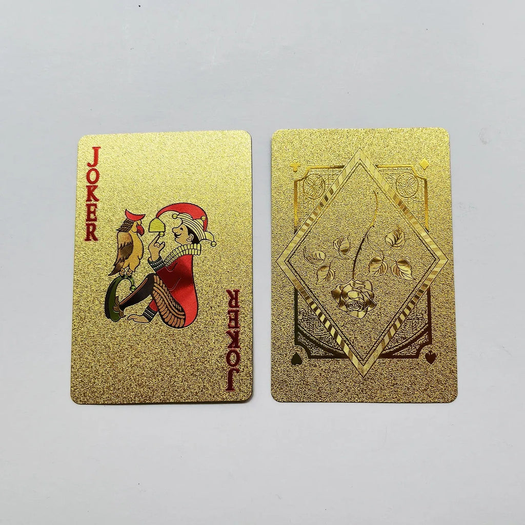 Four gold foil playing cards with rose and gold designs showing Tuhao gold, gold rose, silver rose, and black rose patterns