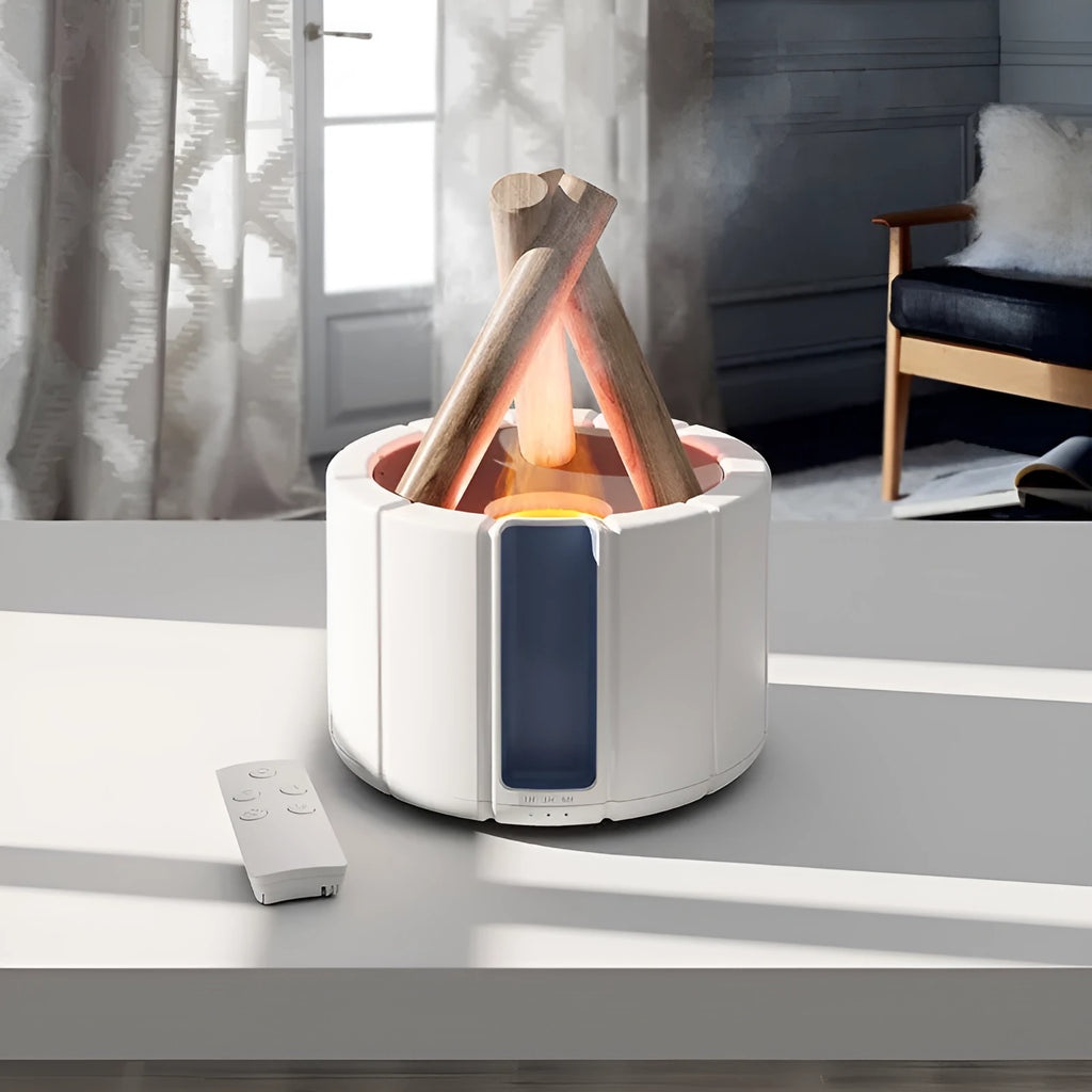 Simulated flame aromatherapy machine with 280ml tank in white on a desk