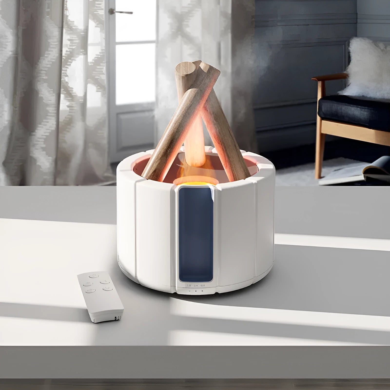 Simulated flame aromatherapy machine with 280ml tank in white on a desk