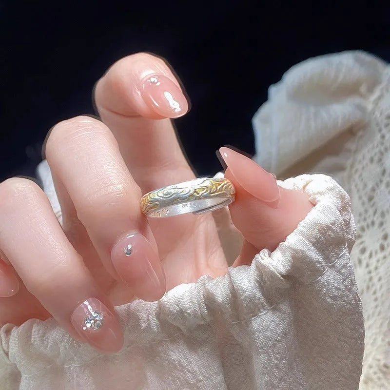 J14 Xiangyun pattern white copper adjustable ring with electroplated silver finish geometric fairy style jewellery