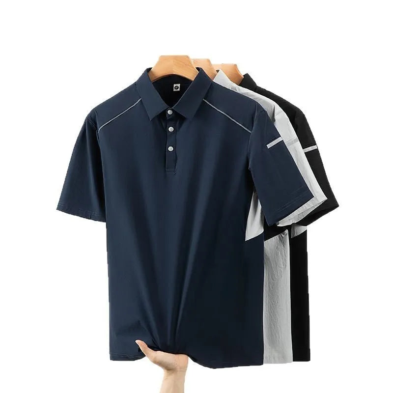Man wearing a classic black short sleeve casual shirt made from quick-dry nylon spandex fabric.
