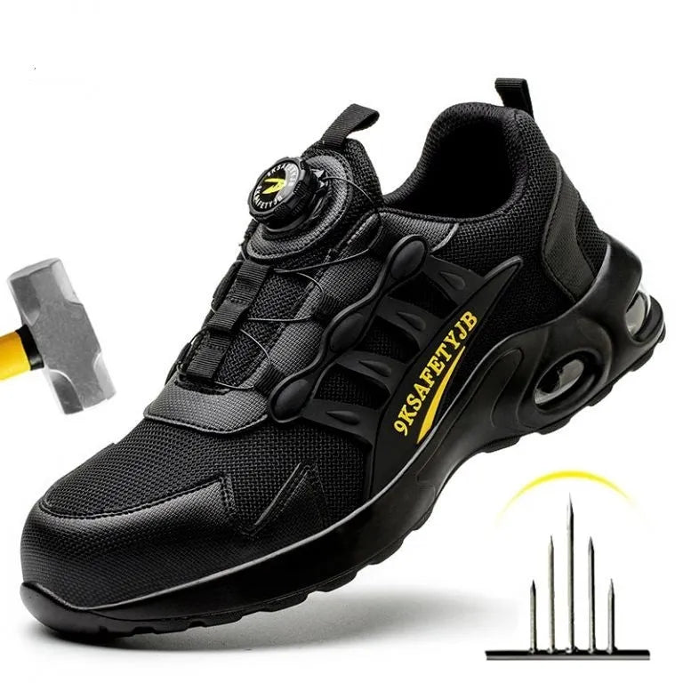 Men's breathable anti-smash steel toe safety shoes in black suede with rubber sole