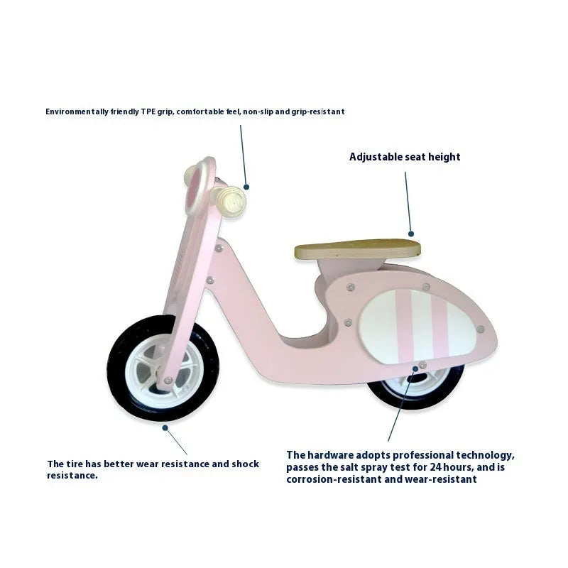 Pink wooden toddler balance scooter for children aged 1-6 years.