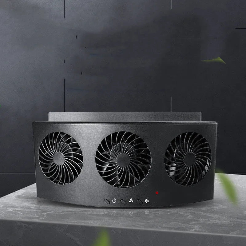 Black and white USB-powered car ventilation fan for exhaust odour removal