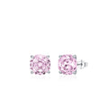 Close-up of a pair of pink S925 sterling silver rose-shaped stud earrings on a plain background.