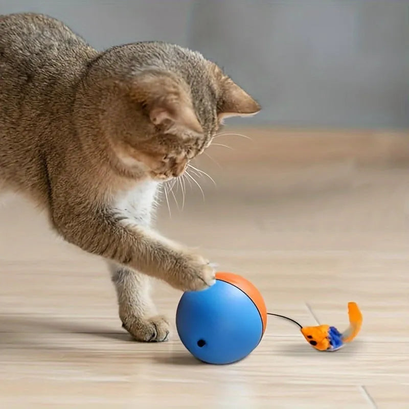 Interactive blue and orange cat toy ball with plush mouse measuring 8.5x8.5x9 cm