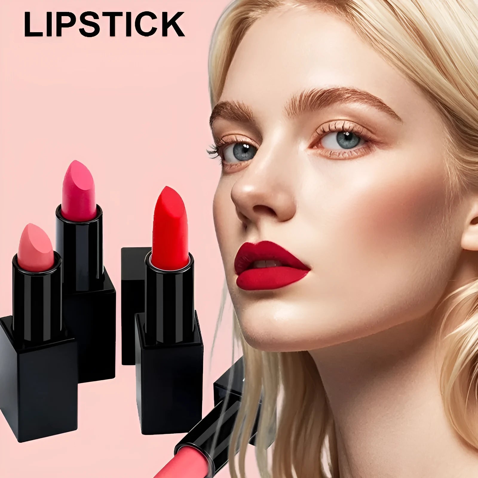 Matte finish waterproof lipstick in one of 24 colours, showing long-lasting nonstick lip colour.