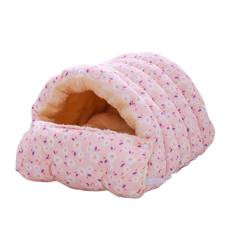 Closed winter cat nest with removable floral cloth cover in M and S sizes