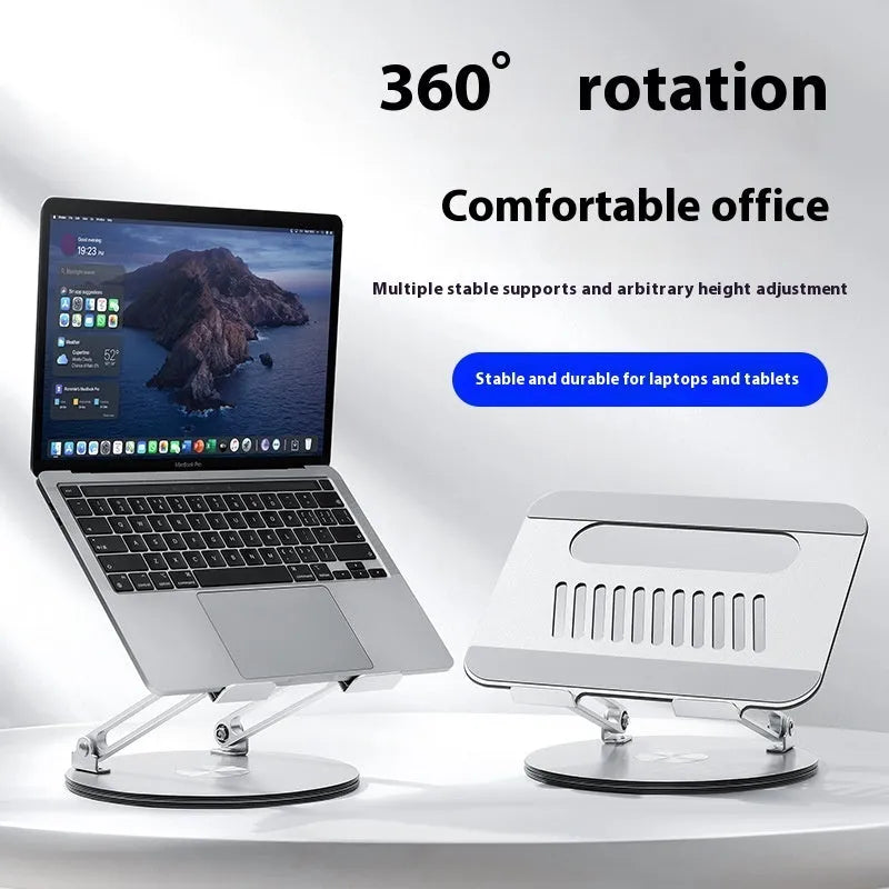 Silver aluminium alloy foldable and rotatable laptop stand on a desk