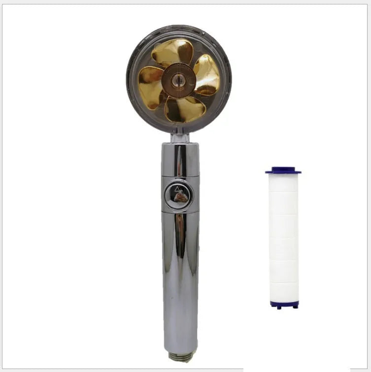 Blue handheld shower head with stop button and turbo nozzle on a chrome bracket.