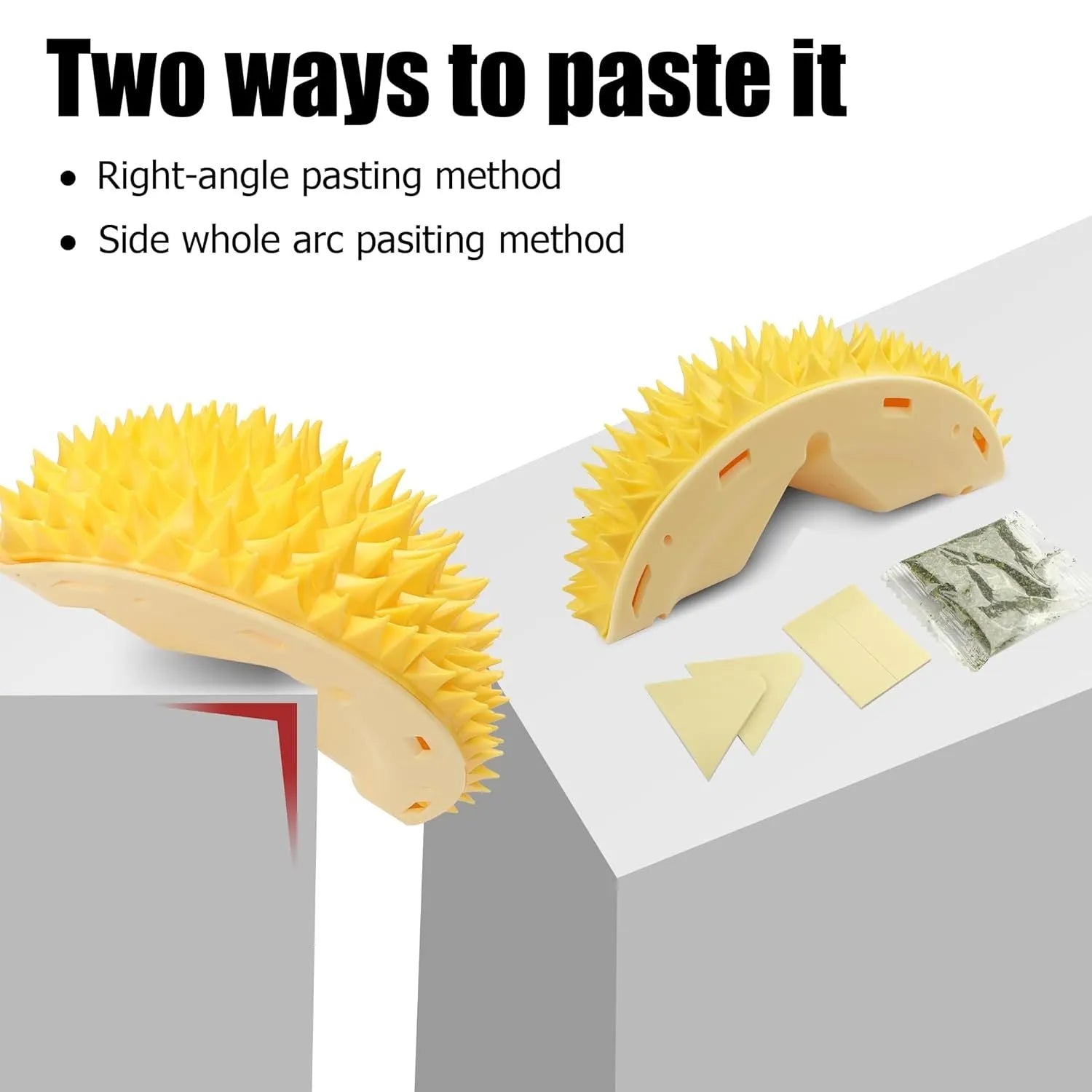 Yellow durian-shaped cat corner scratcher and grooming toy with catnip.