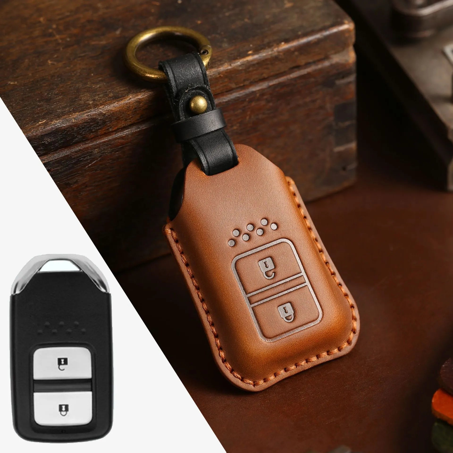 Full leather cowhide car key case for remote key fob protection, available in multiple colours and button layouts