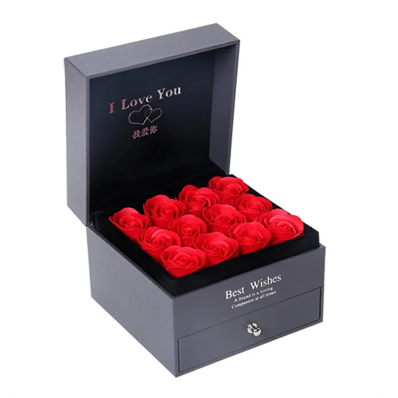 Double-layer silver-plated rose gift box with nine foam latex roses and drawer for jewellery storage