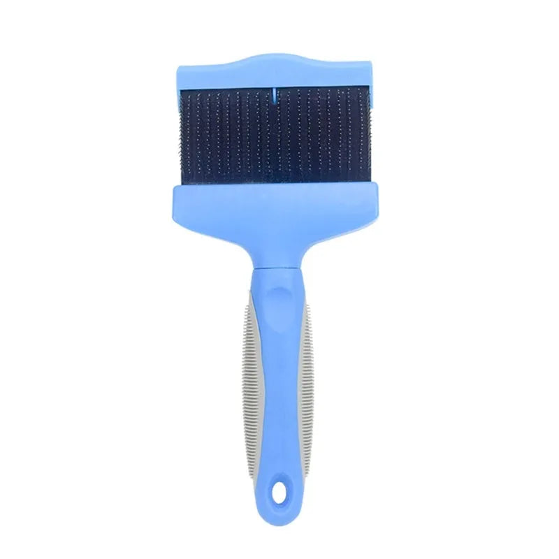 Double-sided pet brush with stainless steel pins and blue ABS handle for dog and cat grooming