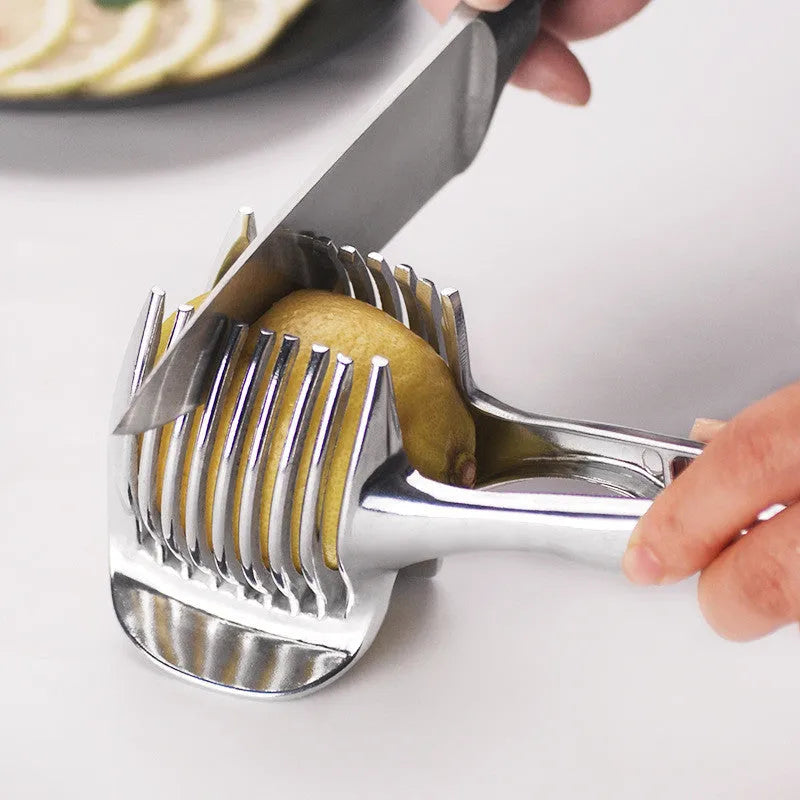 Silver plastic lemon slicer kitchen utensil for cutting uniform citrus slices
