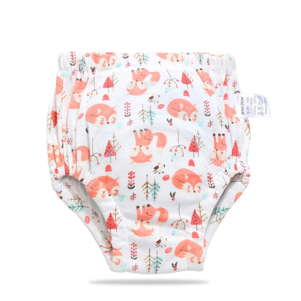 Baby training learning pants in cotton gauze with TPU waterproof layer, shown in panda print on white background