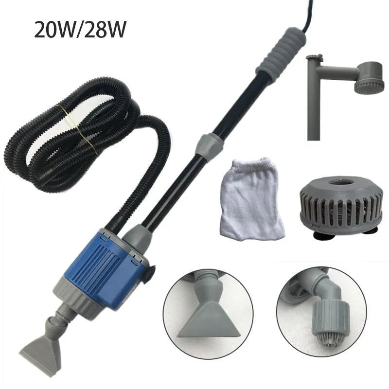 Electric aquarium gravel cleaner with 20W motor, plastic body, hose, and suction ports on white background