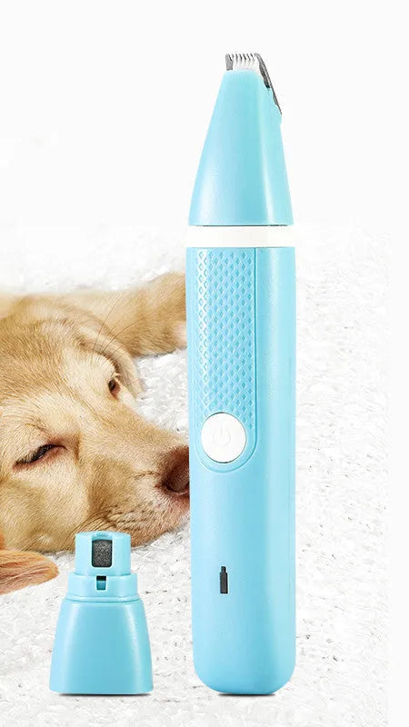 Pet nail polisher and hair trimmer dual-purpose tool in blue, with USB cable and accessories on white background