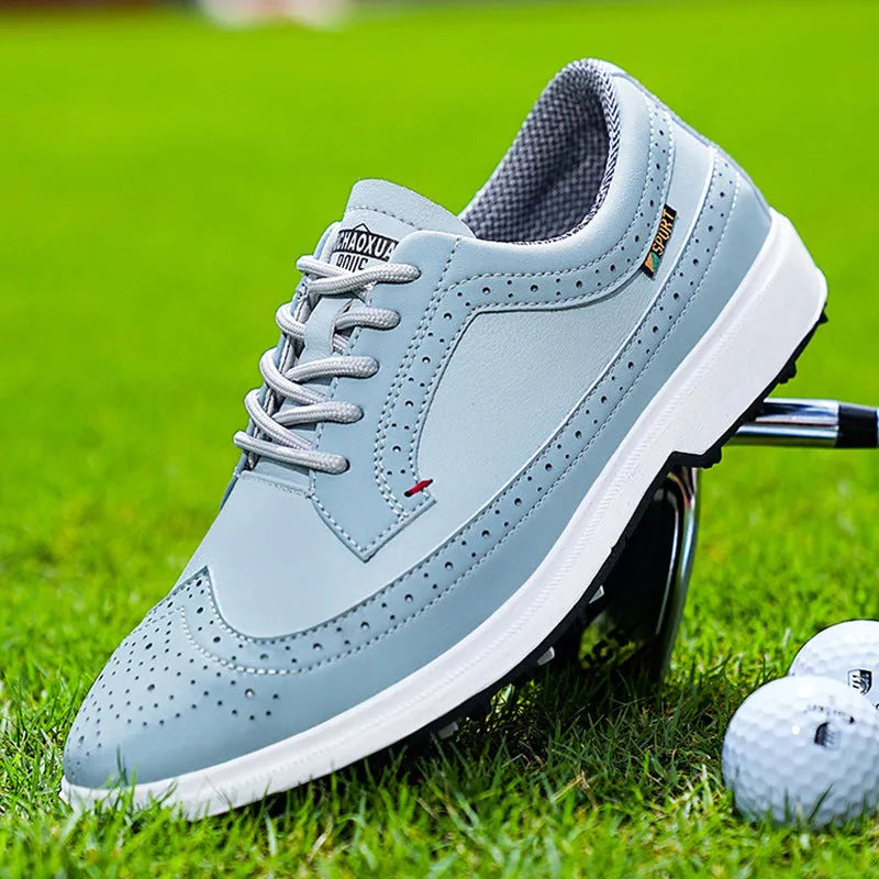 Men's lake blue and white genuine leather golf shoes with non-slip rubber outsoles