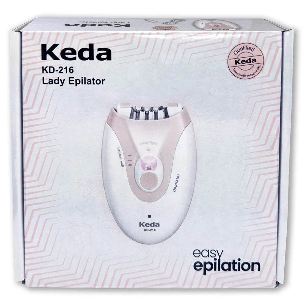 KEDA-216 coloured USB electric epilator for body hair removal with included charger and cleaning brush
