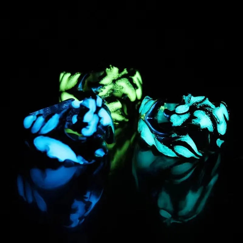 Adjustable Chinese style ring with luminous dragon pattern in antique silver blue and green