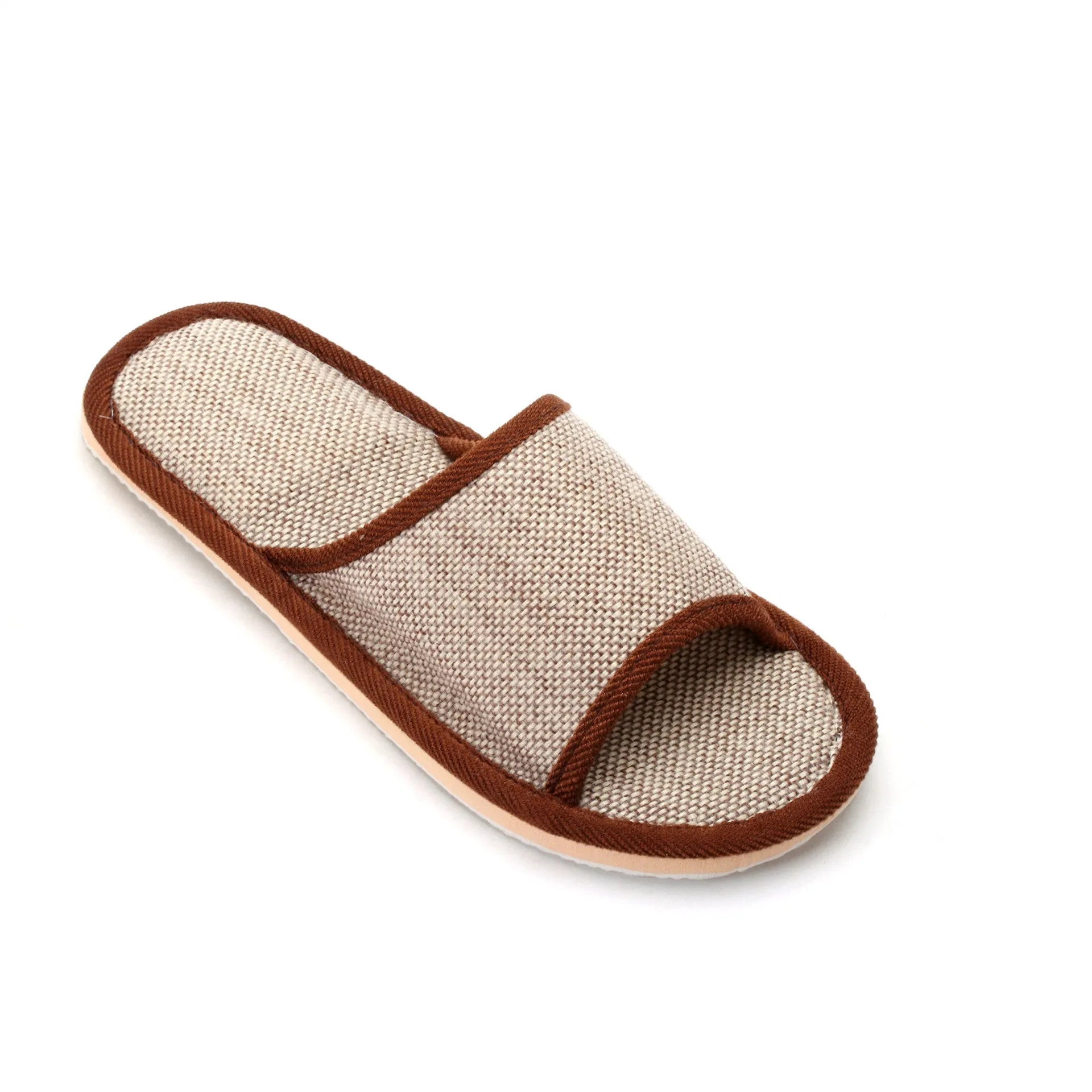 Women's open-toe linen slippers in a light brown colour showing the breathable fabric and thickened sole.