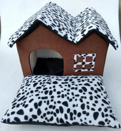 Coffee foldable winter pet kennel dog house with double roof, open size 55cm by 40cm by 42cm