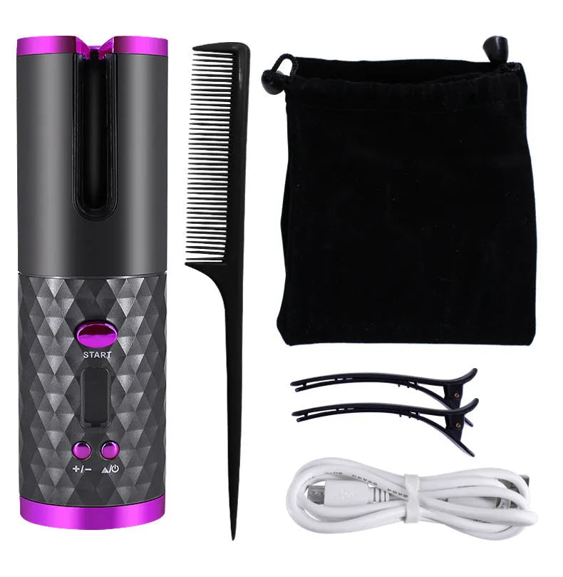 Rechargeable cordless automatic hair curler with LCD display showing temperature settings on ceramic barrel